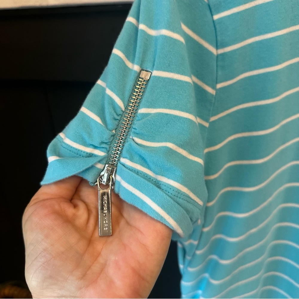 Michael Kors Short Sleeve Stripe Ruch Top Blue White sz XL - Picture 5 of 11